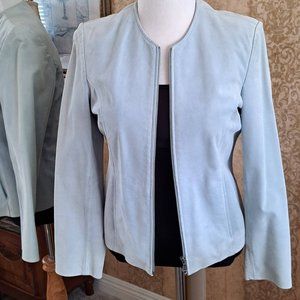 BERNARDO NORDSTROM BLUE SUEDE LEATHER JACKET WASHABLE LINED DETACHABLE FUR SCARF